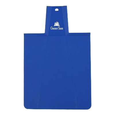 Blue harvest foldable cutting board with custom printed logo.