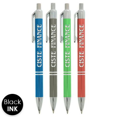 Colored pen with chrome accents and customized logo.