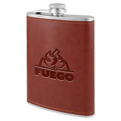 Leather flask with custom debossed logo in 8 ounces.