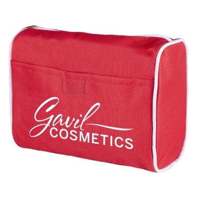 Polyester canvas red cosmetic bag with logo.