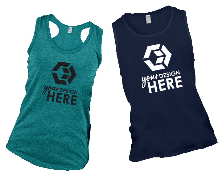 Custom tank tops navy blue custom printed tank tops with white imprint and teal personalized tank tops with black imprint