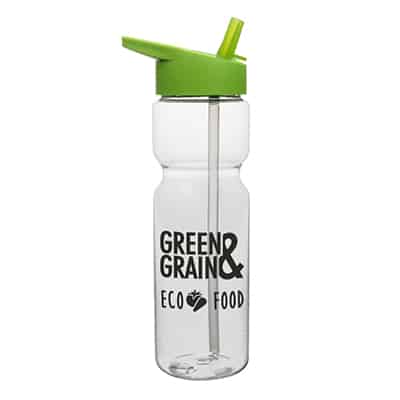 Plastic clear water bottle with custom design and flip straw lid in 28 ounces.
