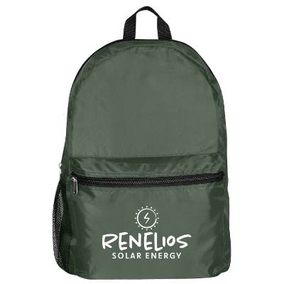 Green backpack with custom logo.