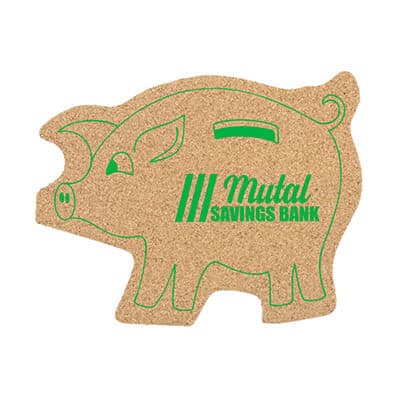 Large cork piggy bank coaster with personalized promo.