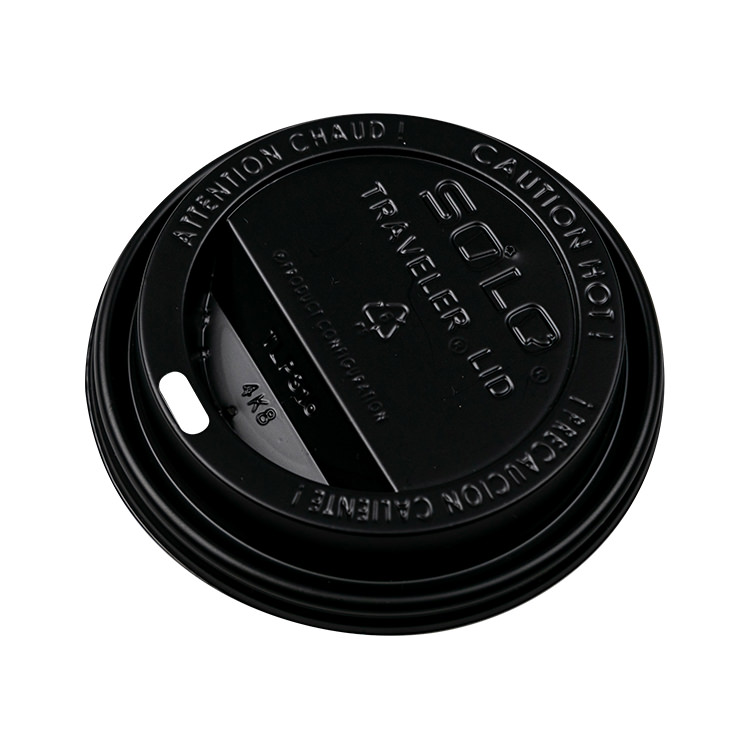Plastic black sipper lid for paper cups.