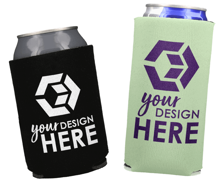 Dark blue custom koozies with white imprint and light blue slim can cooler with navy blue imprint.