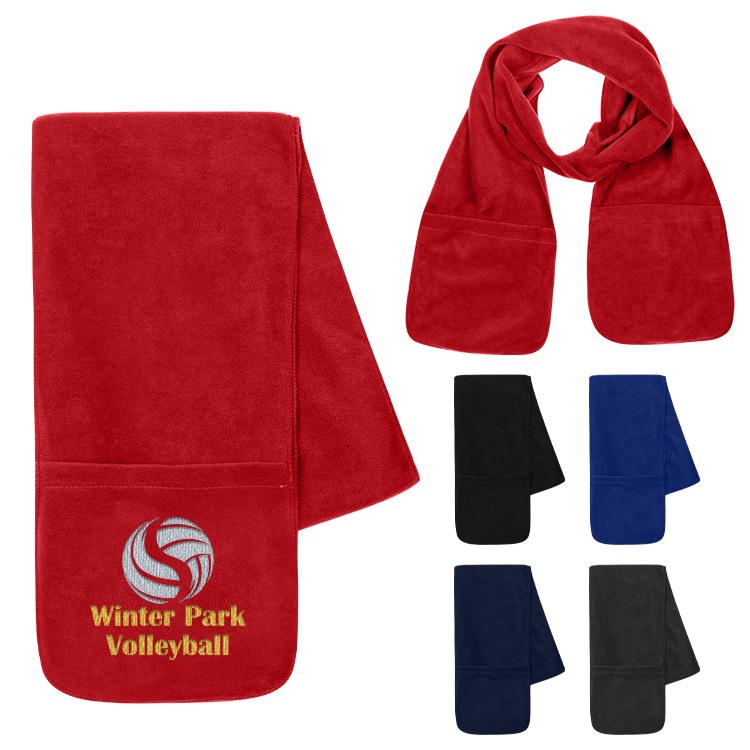 Folded red scarf with embroidered custom logo on end.