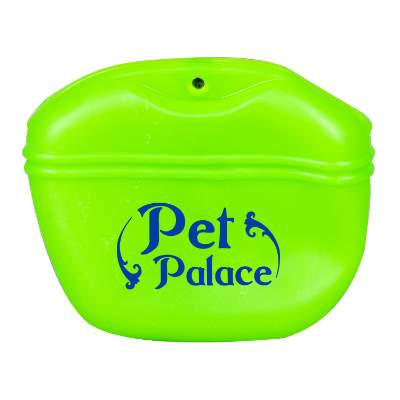 Green pet treat pouch with custom imprint.