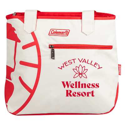 Red cooler tote with custom logo.