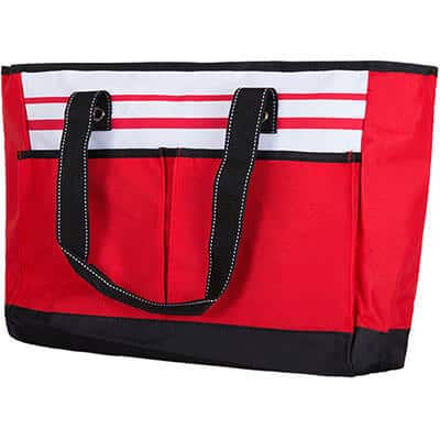 Polyester red broad space fashion tote blank.