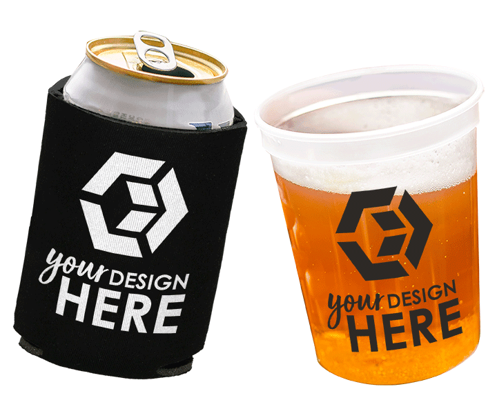 Best Selling Drinkware Black can cooler with white imprint and translucent stadium cup with black imprint