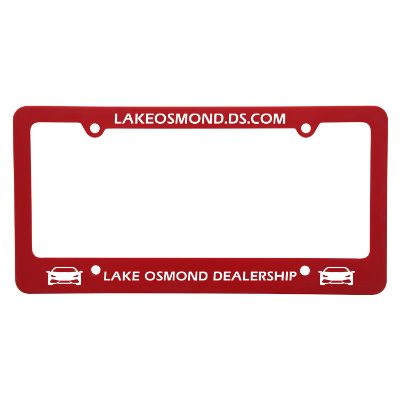 White license plate frame with 4 holes with custom printed logo.