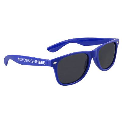 Polycarbonate royal blue sunglasses with custom imprint.