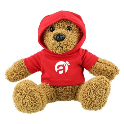 Plush and cotton bear with red hoodie with custom logo.