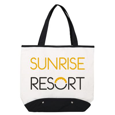 Cotton canvas black beach comber tote with full color imprinting.