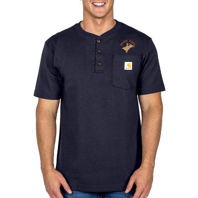 Navy custom embroidered short-sleeve henly t-shirt.