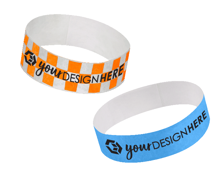 Orange and white custom tyvek wristbands with black imprint and blue custom paper wristbands with black imprint