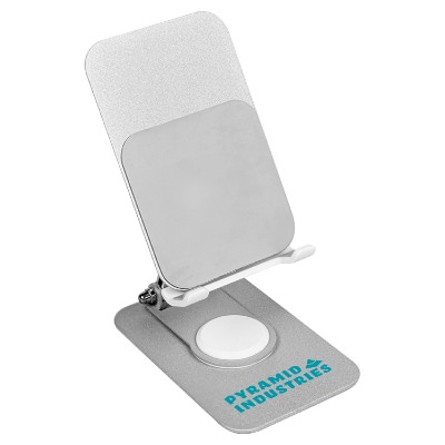 Silver plastic phone holder with a personalized imprint.