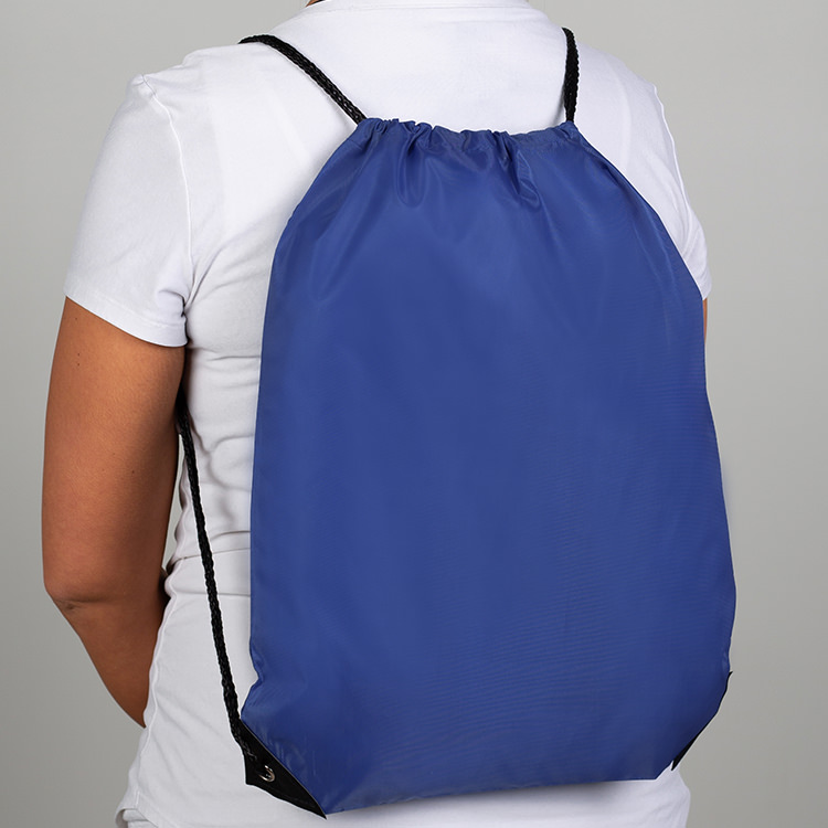 Blank polyester drawstring bag with reinforced corners.