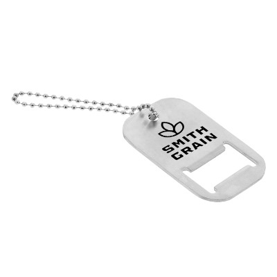 Silver metal dog tag bottle opener with custom one-color imprint.