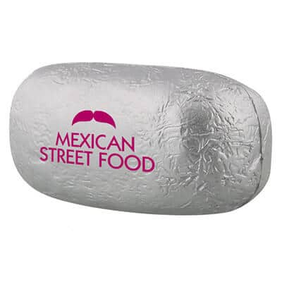 Foam foil wrapped food stress ball with a custom imprinted promo.