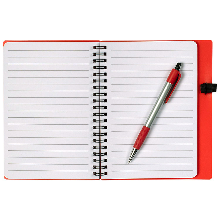 Plastic notebook with stylus pen.