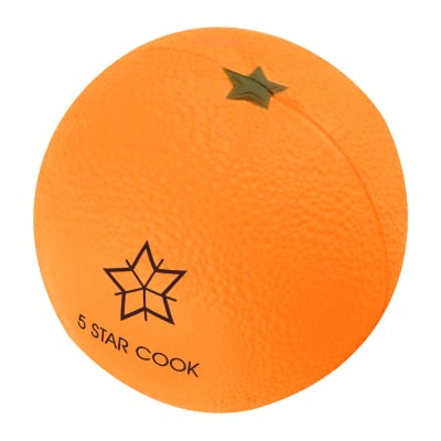 Foam orange fruit stress ball with customized print.