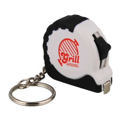 Metal, plastic and rubber white mini tape measure keychain with personalized imprint.