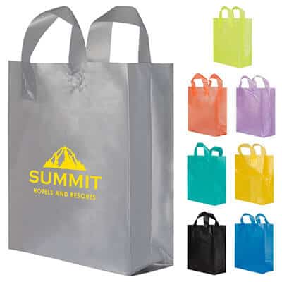 Plastic silver with handles recyclable shopper bag with custom logo.