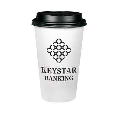 White paper cup with custom branding and black lid in 16 ounces.