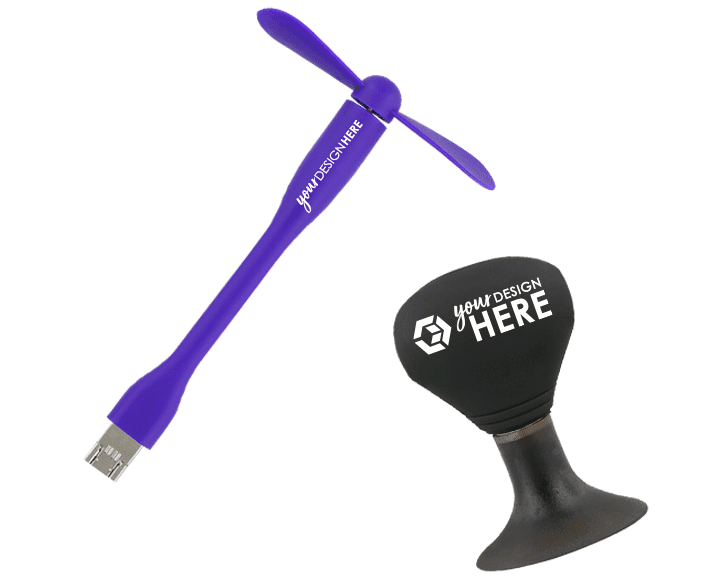 Personalized tech accessories purple portable USB plue in with white imprint and a black mousepad with white imprint