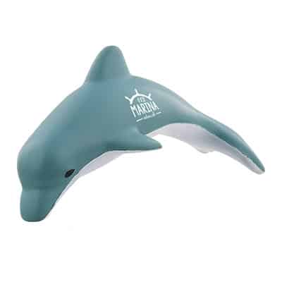Foam dolphin stress reliever with promotional brand.