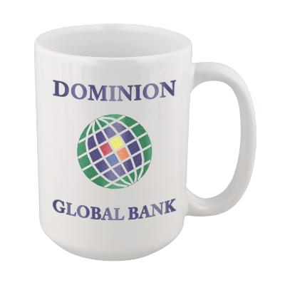 Ceramic white coffee mug with full-color imprint and c-handle in 15 ounces.