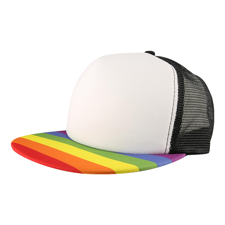 Logoed rainbow trucker hat.