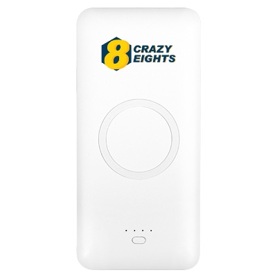 White plastic power bank with a branded logo.