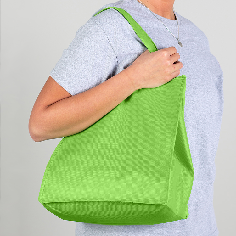Blank polypropylene tote bag with 8-inch gussets.