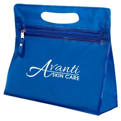 Plastic blue translucent vanity cosmetic bag with logoed imprint.