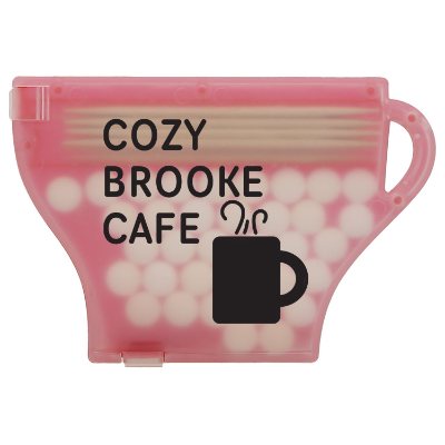 Personalized translucent red coffee cup shaped pick and mint.