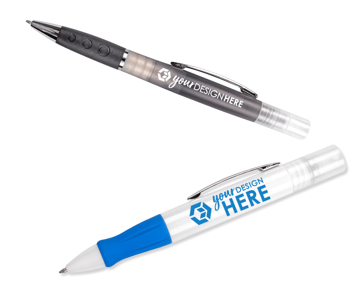 Gray novelty pens with white imprint and clear custom novelty pens with blue imprint