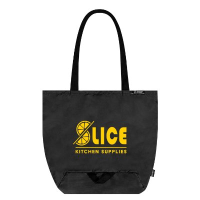 Black RPET packable shopper tote bag with custom logo.