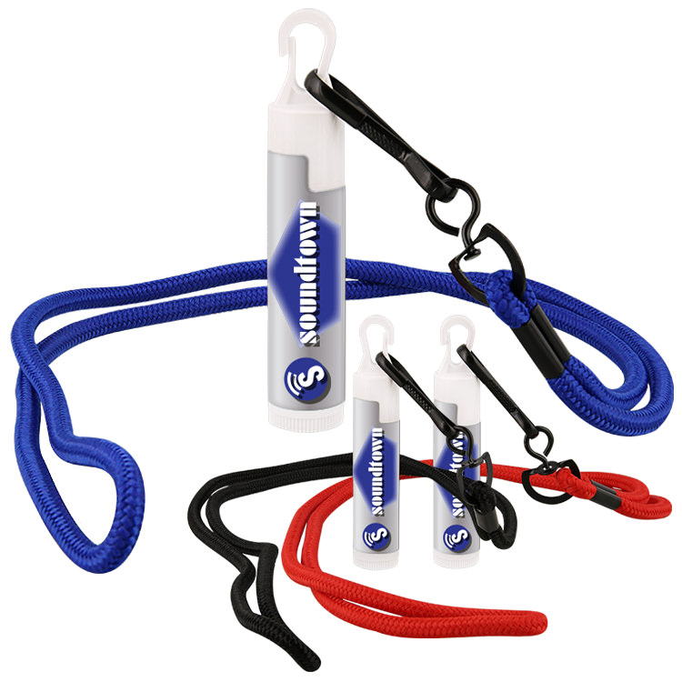 Plastic blue SPF 15 lip balm with lanyard with full color logo.