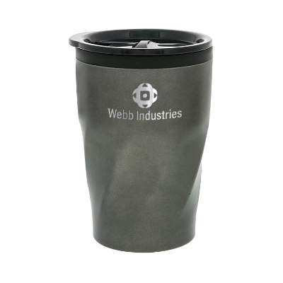 Black tumbler with engraved personalization.