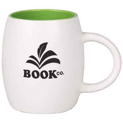 Ceramic white with green coffee mug with c-handle and custom design in 14 ounces.