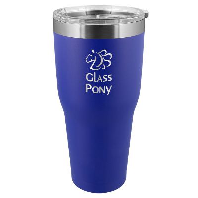 Blue tumbler with an engraved imprint.