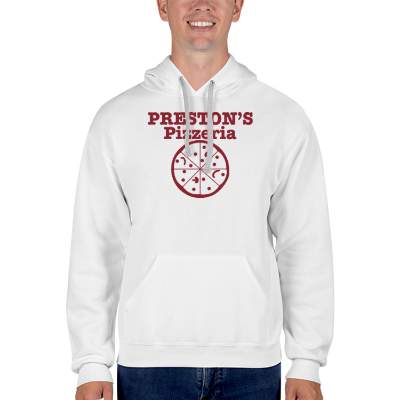 White hooded sweatshirt with personalized logo.