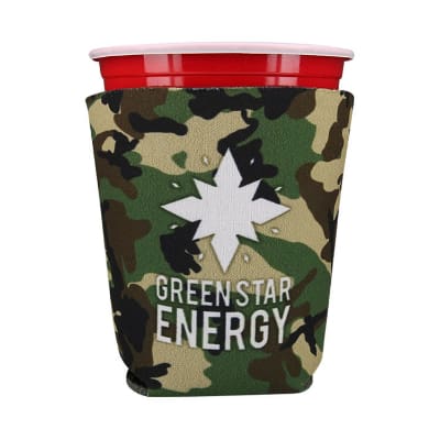 Foam green camo party cup cooler with custom imprint.