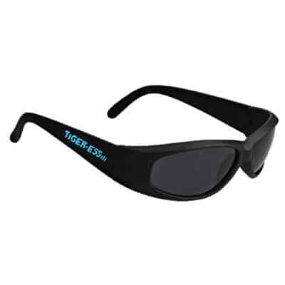 Polycarbonate black shadow sunglasses with custom imprint.