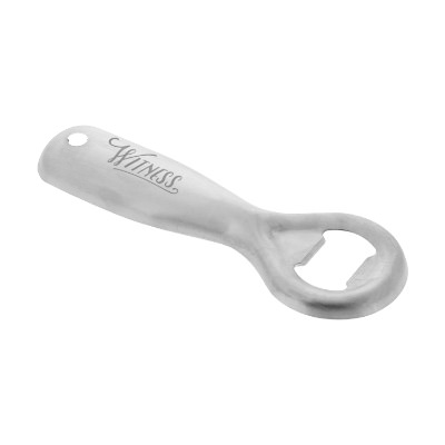 Silver stainless steel classic antique bottle opener with laser engraved promotional imprint.