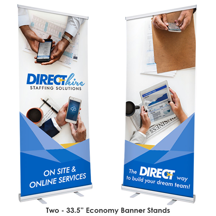 Polyester table cover with two 33.5 inch banner stands trade show package.