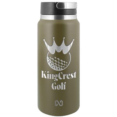 Stainless olive sports bottle with custom engraved imprint in 26 oz.